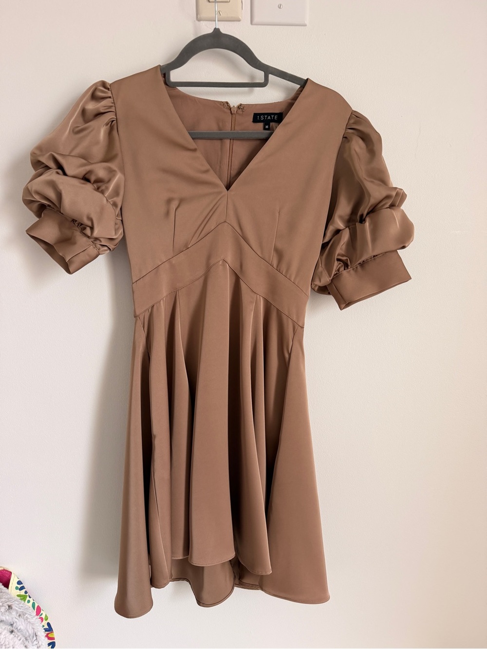 1. State Brown Puff Sleeve V-Neck Mini Dress